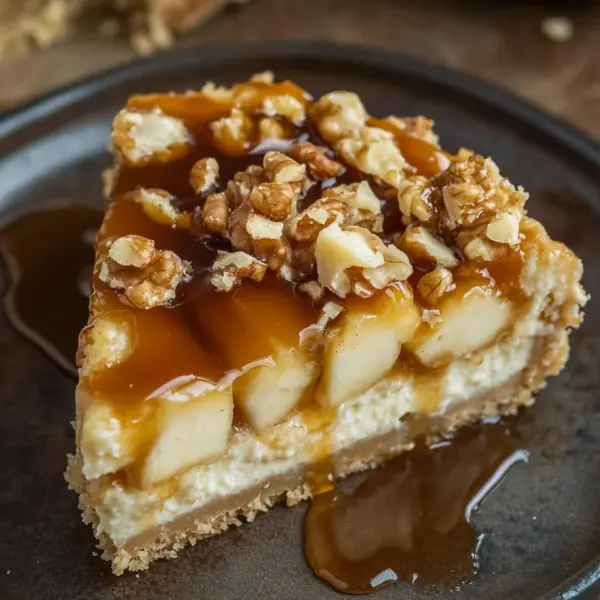 Apfel-Cheesecake mit Walnuss-Streuseln und Karamellsauce