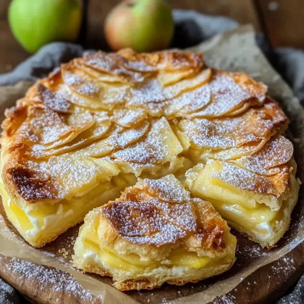 Blätterteigkuchen mit Puddingcreme und Apfel