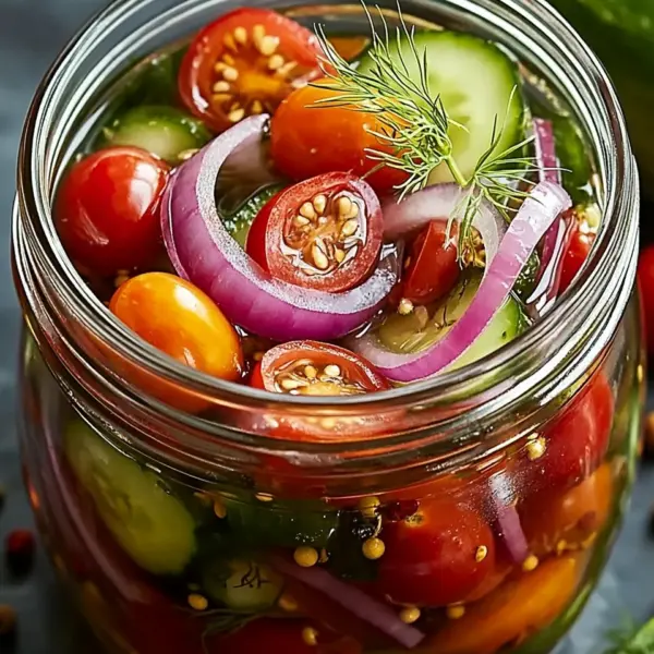 Eingelegte Kirschtomaten, Rote Zwiebeln und Gurken