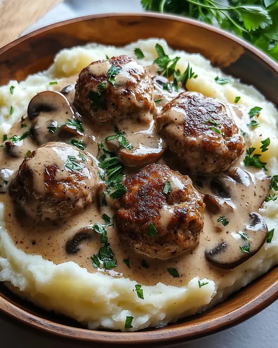 Fleischbällchen mit Kartoffelpüree und Champignonrahmsauce 24 Fleischbällchen