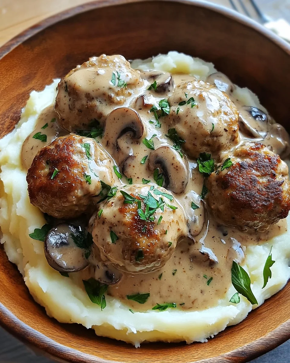 Fleischbällchen mit Kartoffelpüree und Champignonrahmsauce 26 Fleischbällchen mit Kartoffelpüree und Champignonrahmsauce