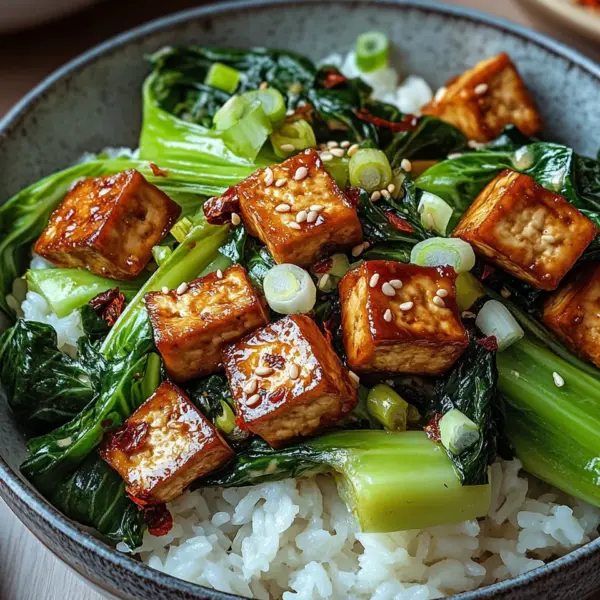 Gebratener Pak Choi mit knusprigem Tofu und Reis