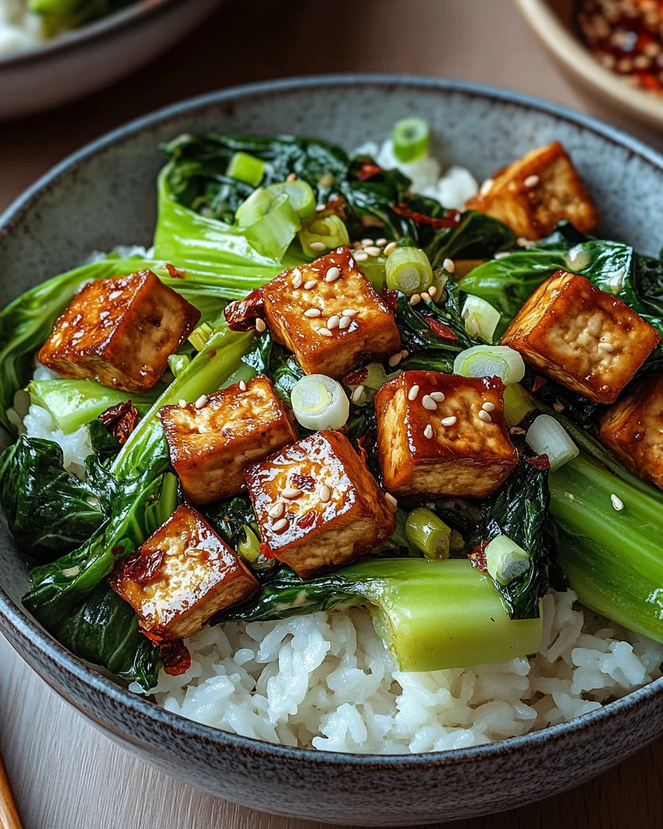 Gebratener Pak Choi mit knusprigem Tofu und Reis