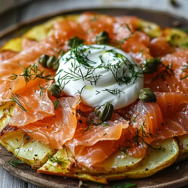Knusprige Kartoffelgalette mit Räucherlachs und Crème Fraîche