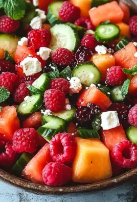 Sommersalat mit Melone, Gurke und Himbeeren