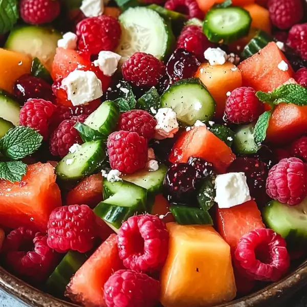 Sommersalat mit Melone, Gurke und Himbeeren