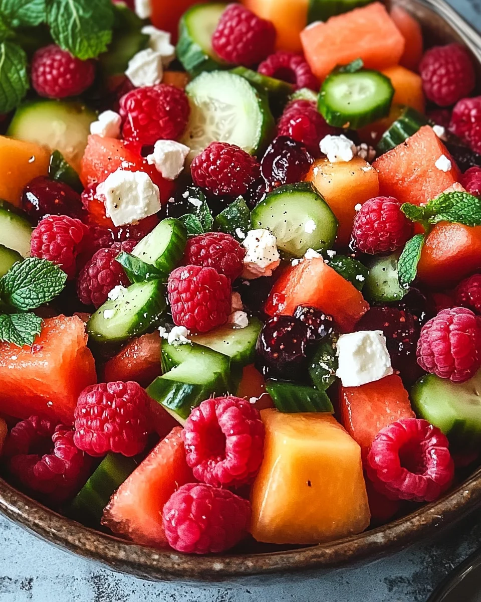 Sommersalat mit Melone, Gurke und Himbeeren