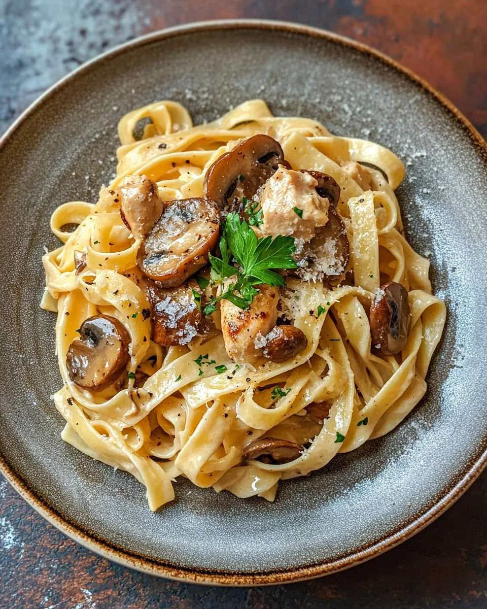 Tagliatelle mit Pilzen und Huhn in Sahnesosse