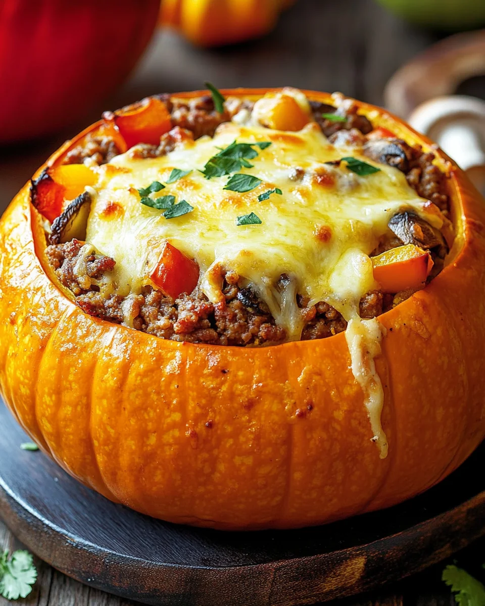 Gefüllter Kürbis mit Fleisch, Champignons, Paprika und Käse aus dem Ofen 26 Gefüllter