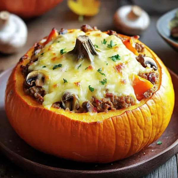 Gefüllter Kürbis mit Fleisch, Champignons, Paprika und Käse aus dem Ofen