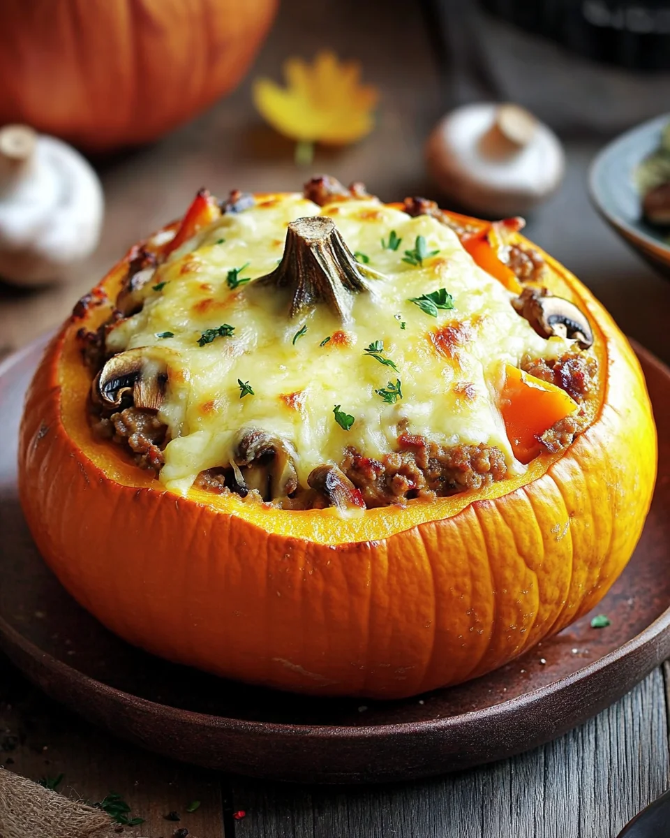Gefüllter Kürbis mit Fleisch, Champignons, Paprika und Käse aus dem Ofen 28 Gefüllter Kürbis mit Fleisch, Champignons, Paprika und Käse aus dem Ofen