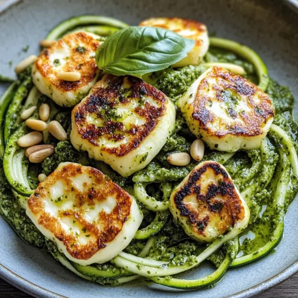 Halloumi mit Zucchini-Pesto-Nudeln