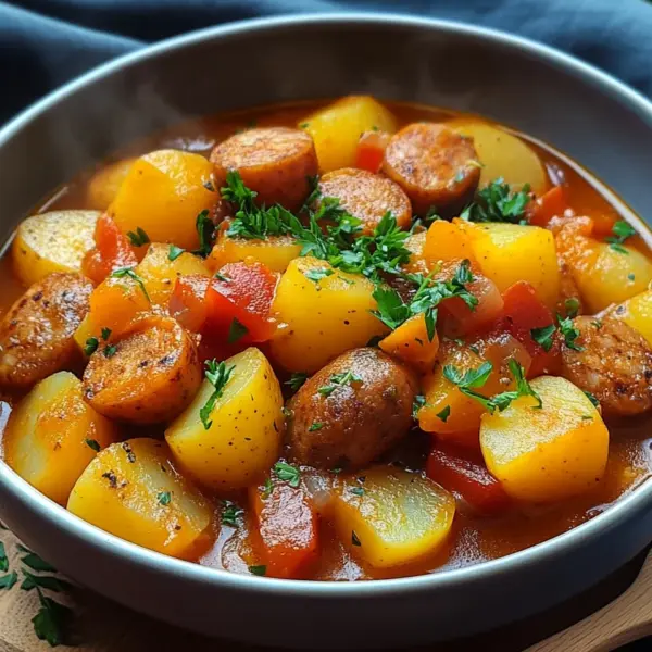 Kartoffelgulasch mit Würstchen
