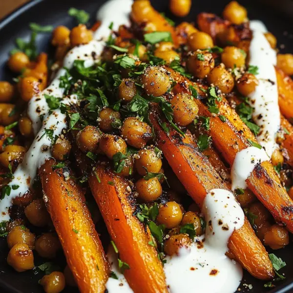 Spicy Maple-Roasted Carrots with Crispy Chickpeas and Yogurt Sauce