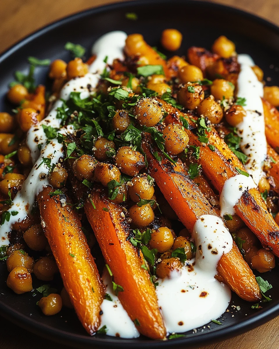 Spicy Maple-Roasted Carrots with Crispy Chickpeas and Yogurt Sauce