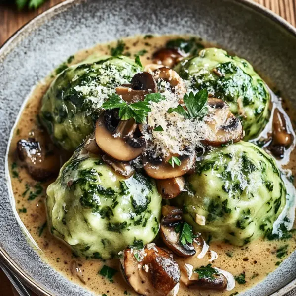 Spinat-Knödel mit Pilzragout