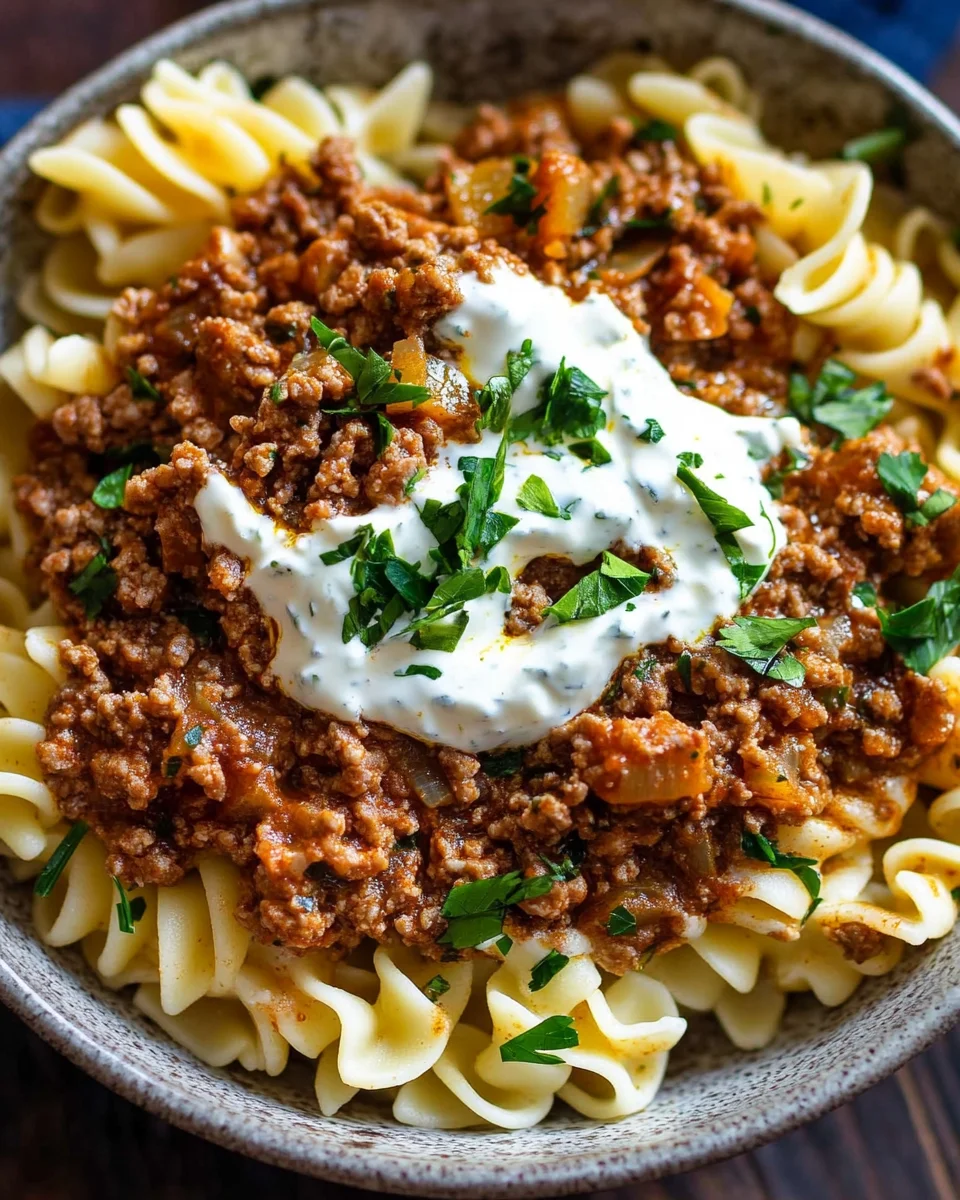 Türkische Pasta mit Hackfleisch und Joghurt-Sauce