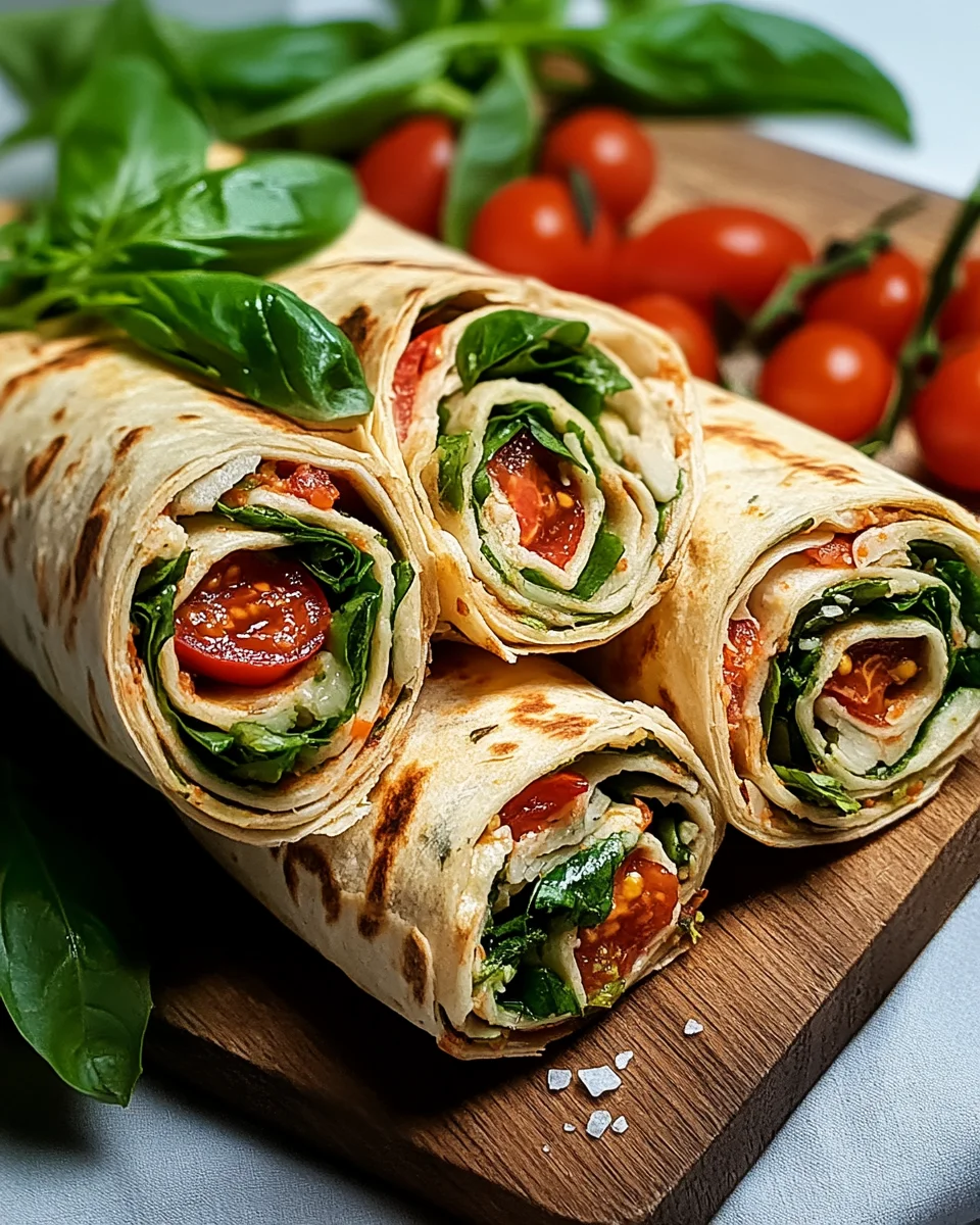 Vegetarische Wrap-Röllchen mit Rucola und Tomaten