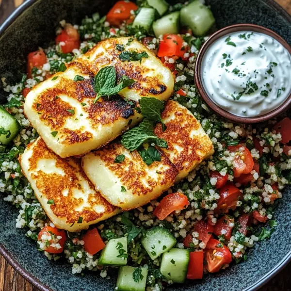 Würziger Halloumi mit Tabbouleh und Minzjoghurt