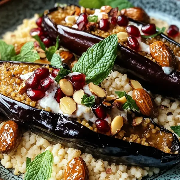 Auberginen mit Dattel-Mandel-Couscous und Minze