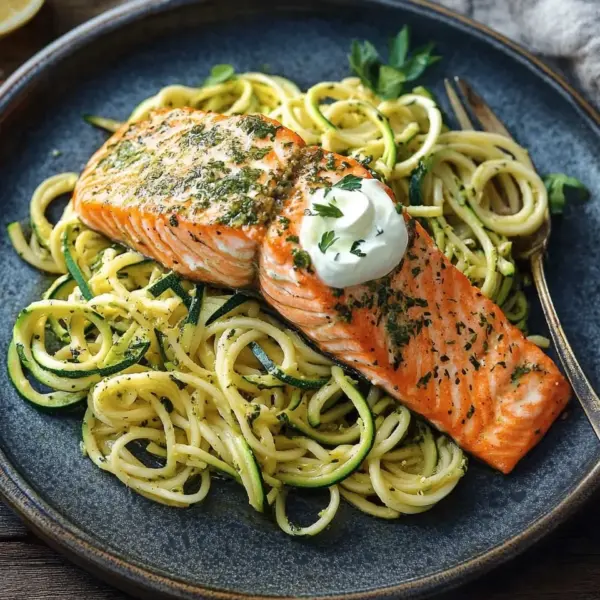 Kräuterlachs auf Zucchinipasta