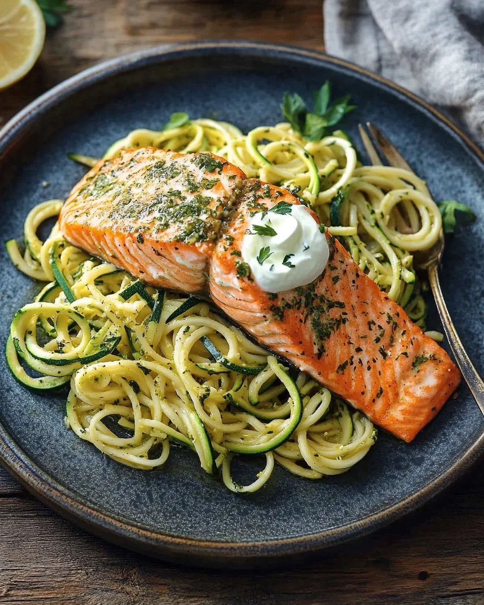 Kräuterlachs auf Zucchinipasta