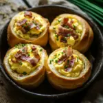 Fr&uuml;hst&uuml;cksrollen mit R&uuml;hrei, K&auml;se und Speck
