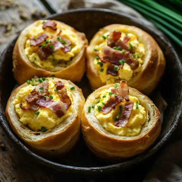 Frühstücksrollen mit Rührei, Käse und Speck