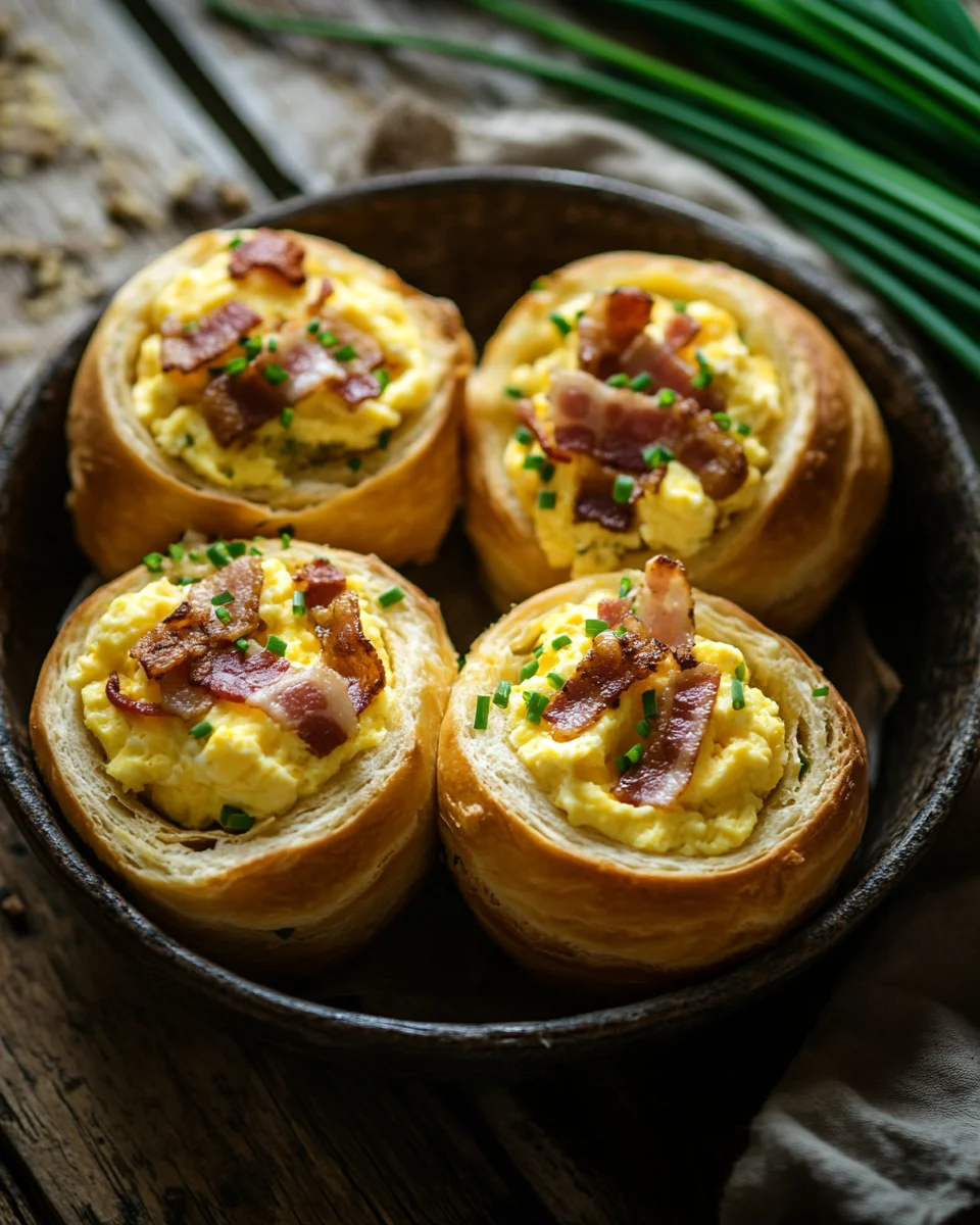 Frühstücksrollen mit Rührei, Käse und Speck