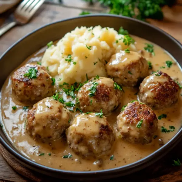 Hackbällchen in cremiger Sauce mit Kartoffelpüree