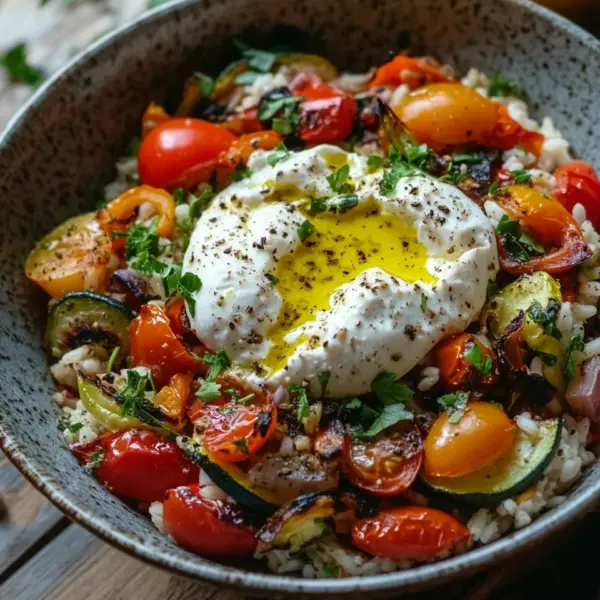 Mediterrane Reispfanne mit Burrata