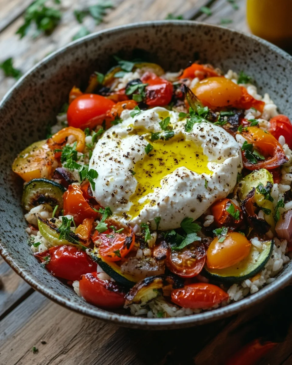 Mediterrane Reispfanne mit Burrata