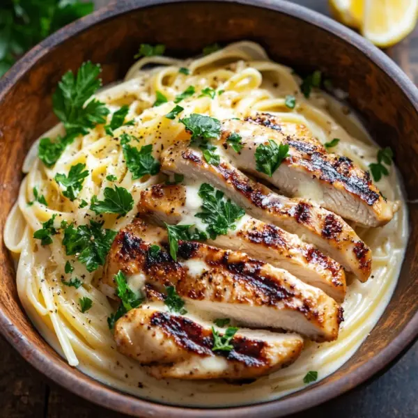 Pasta Alfredo mit gebratenem Hähnchen