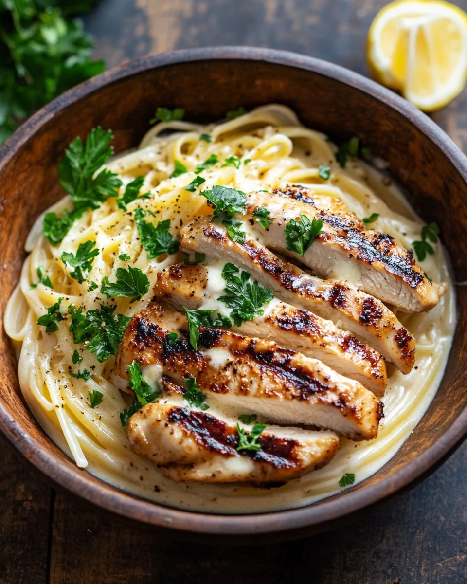 Pasta Alfredo mit gebratenem Hähnchen