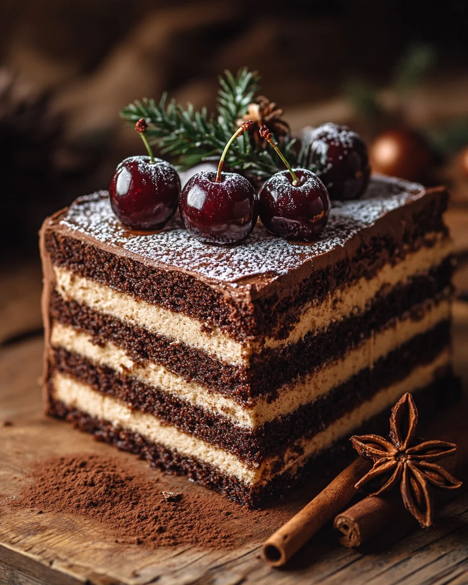 Winterlicher Maulwurfkuchen mit Zimtsahne und Punschkirschen