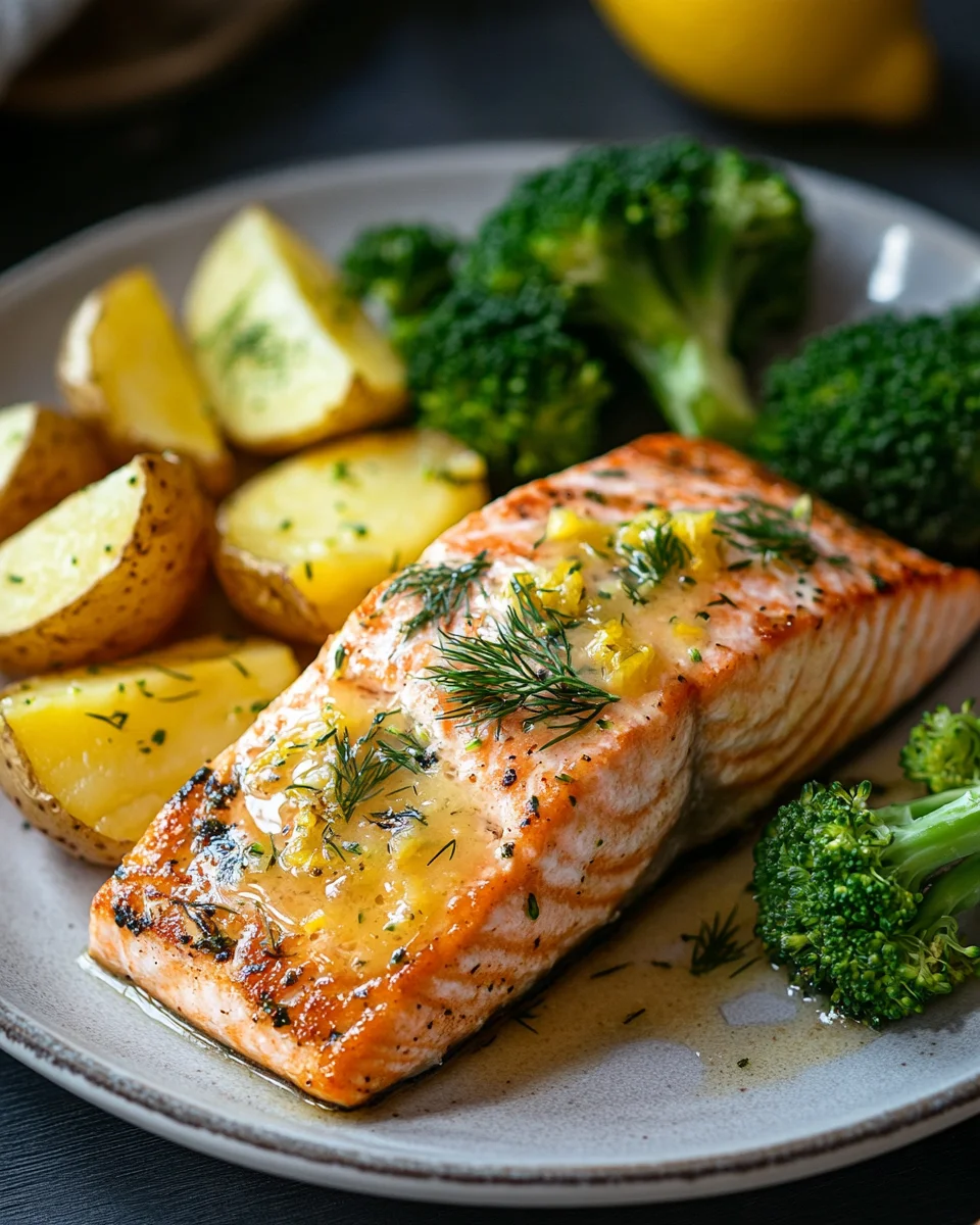 Zitronenbutterlachs mit knusprigen Kartoffeln und Brokkoli